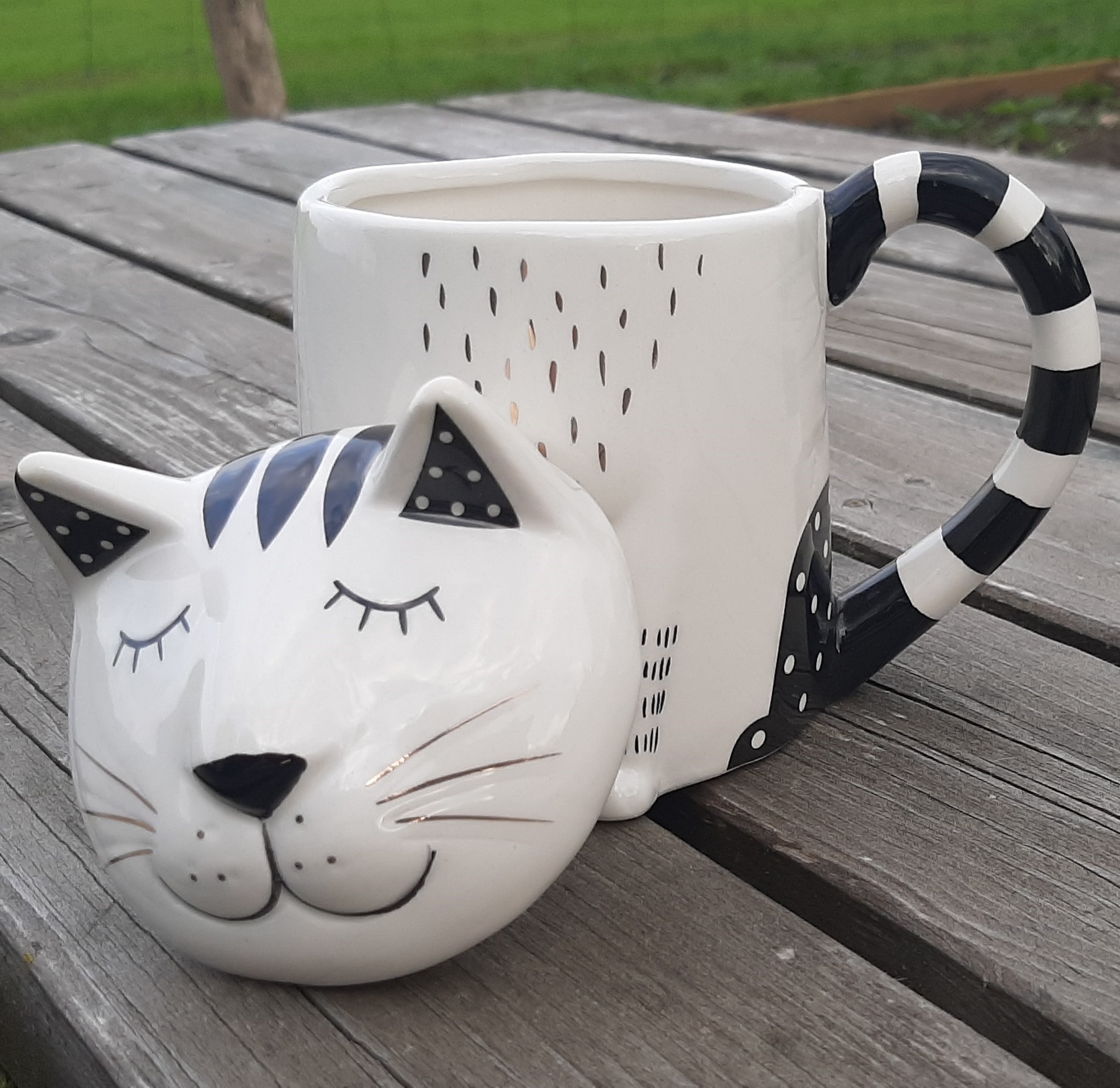 Katten mok met 3D deksel in wit en zwart