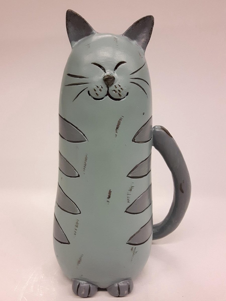 Aardewerk Beeldje Staande Kat – Pastel Blauw-Grijs met Zwarte Accenten | Sfeervolle Decoratie