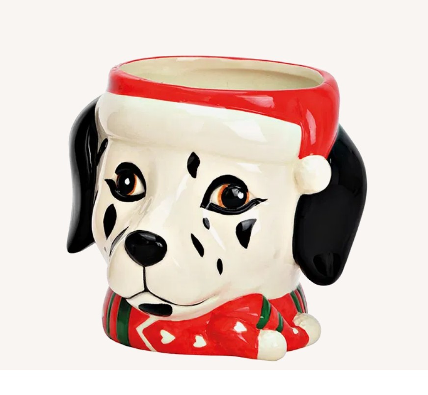 Bloempot kerst hond Dalmatiër wit zwart met rode details