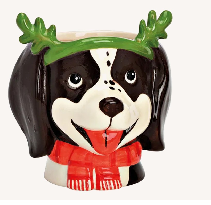 Bloempot kerst hond zwart en wit met misletoe diadeeem