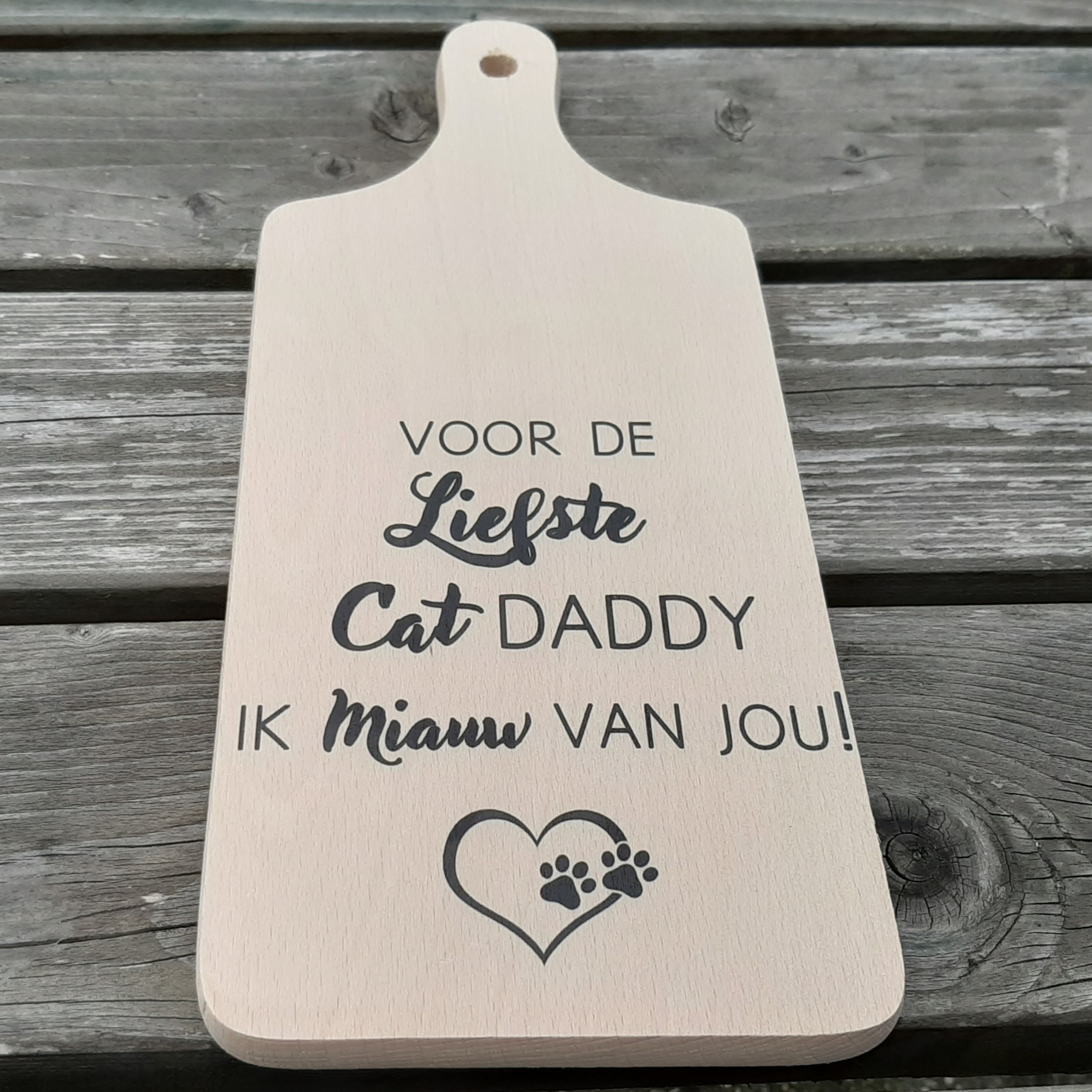 Borrelplank Cat Daddy – Houten borrelplank met tekst “Ik Miauw van Jou” – Cadeau voor kattenliefhebbe