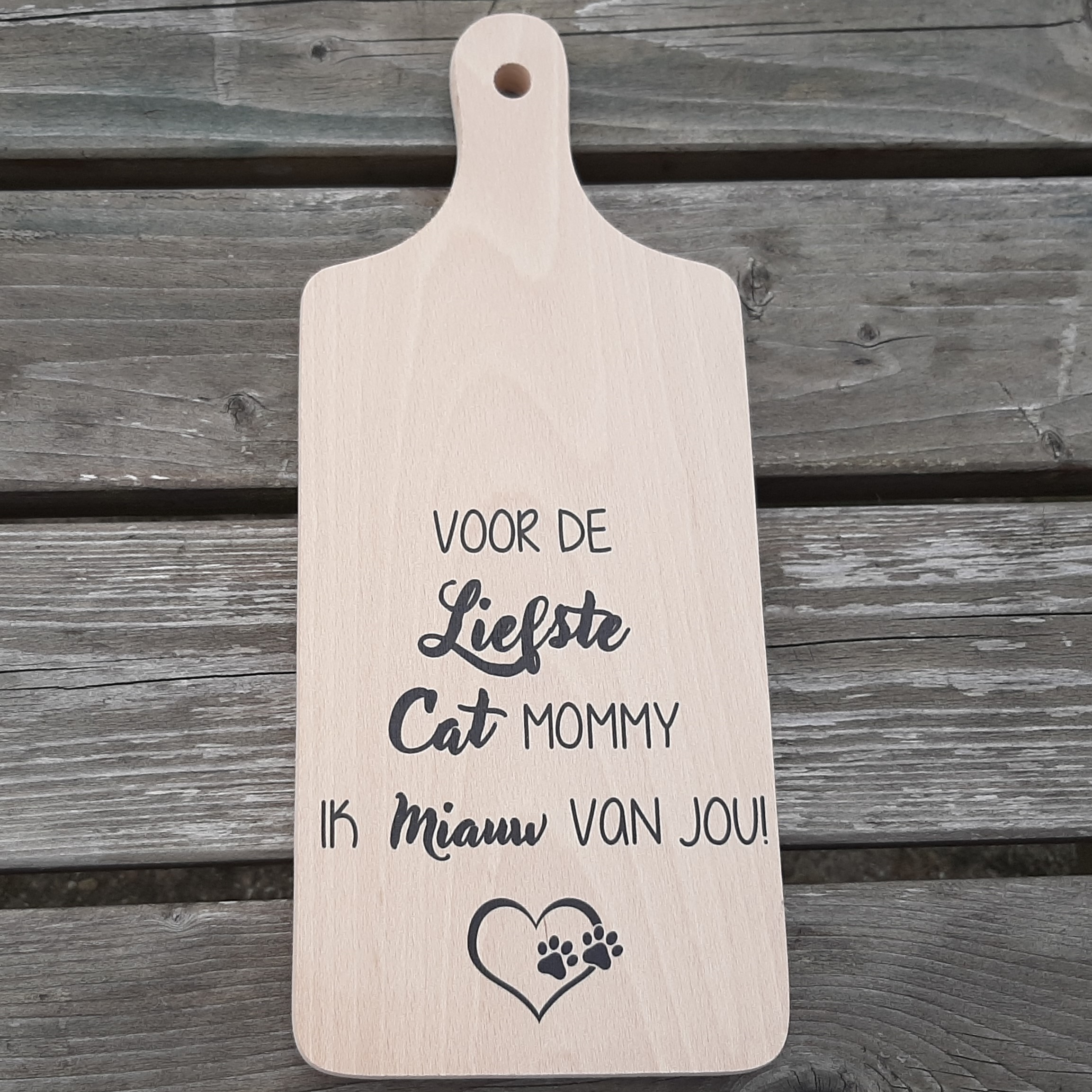 Borrelplank Cat Mommy – Houten borrelplank met tekst “Ik miauw van jou” – Cadeau voor kattenliefhebber