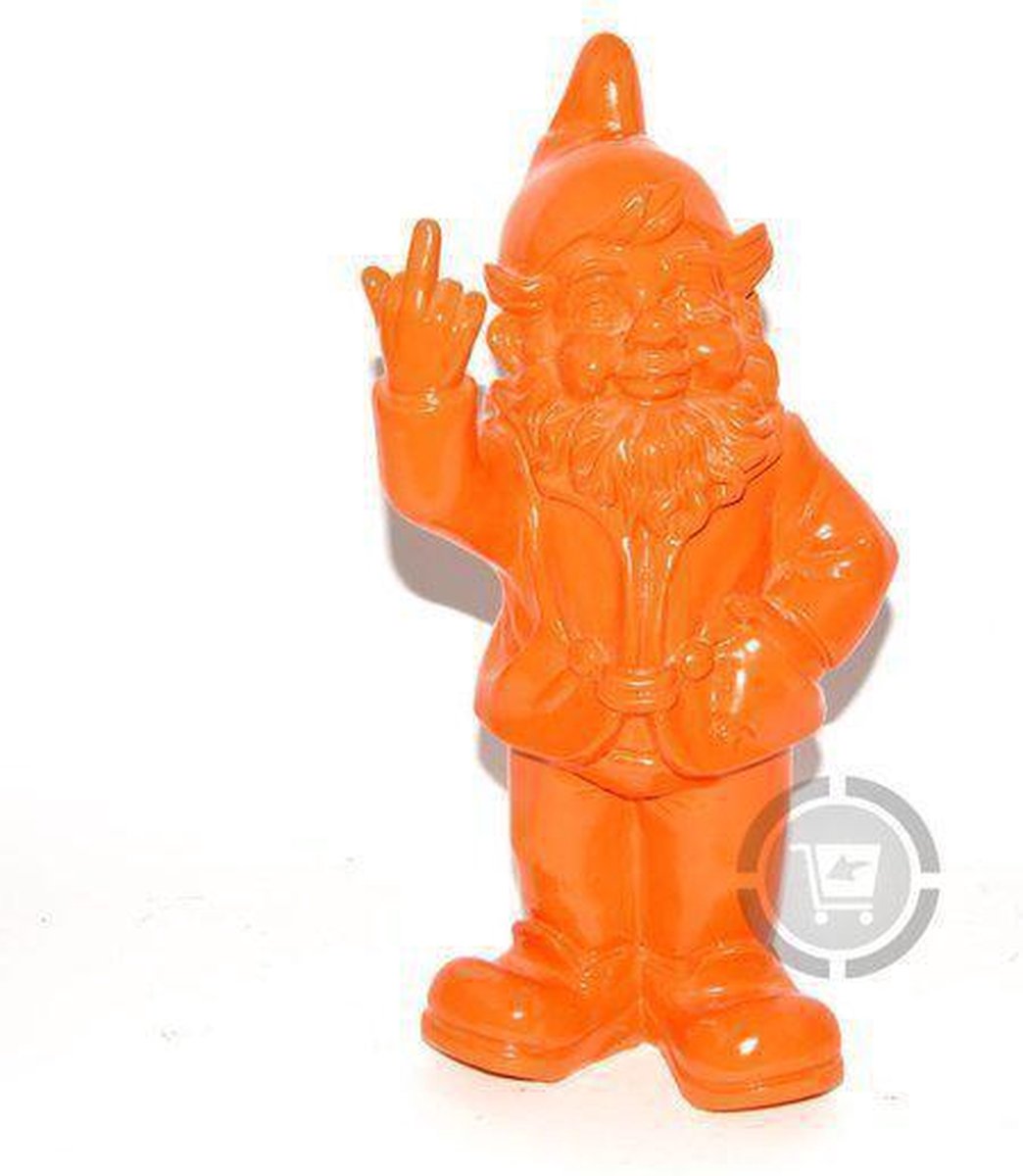 Fuck you kabouter oranje 30cm met opgestoken middelvinger