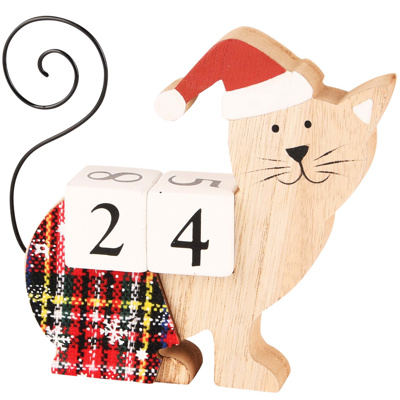 Houten Blokkalender Kat – Kerstdesign met Muts & Geruite Broek