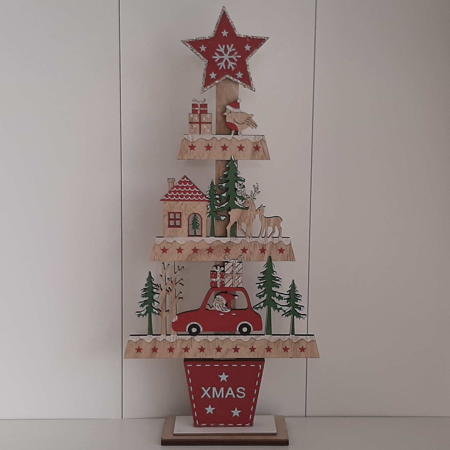 Houten kerstboom X-mas 42 cm met auto