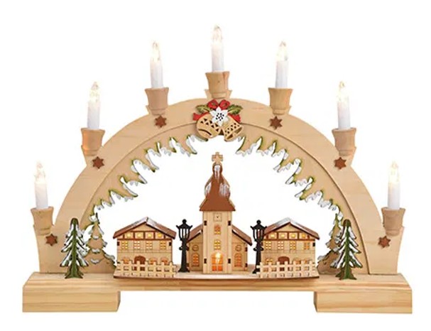 Houtsnijwerk kerst lichtboog voor raam met 7 led kaarsen en afbeelding kerk
