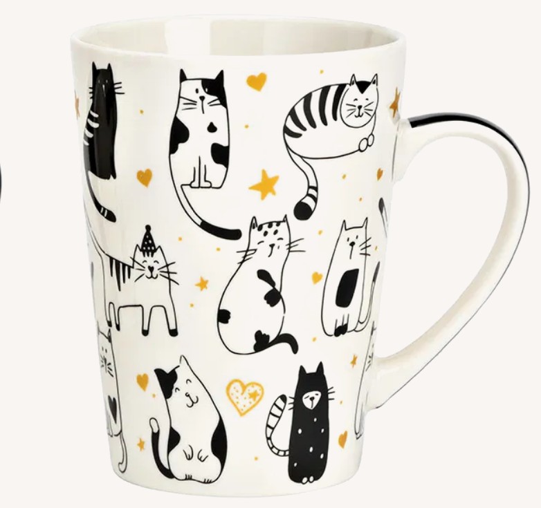 Jumbo mok wit met getekende zwarte katten met goudkleurige details