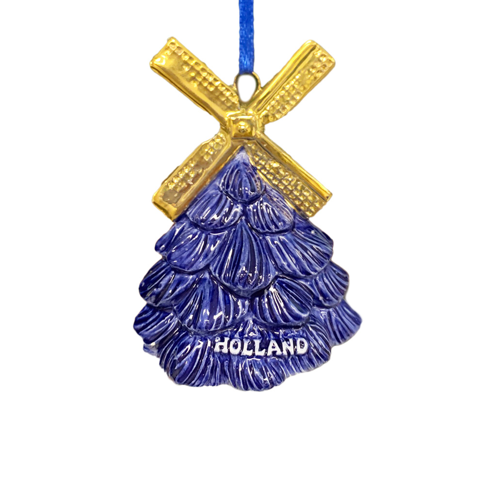 Kerstboom hanger kerstboom Delftsblauw met gouden molen wieken