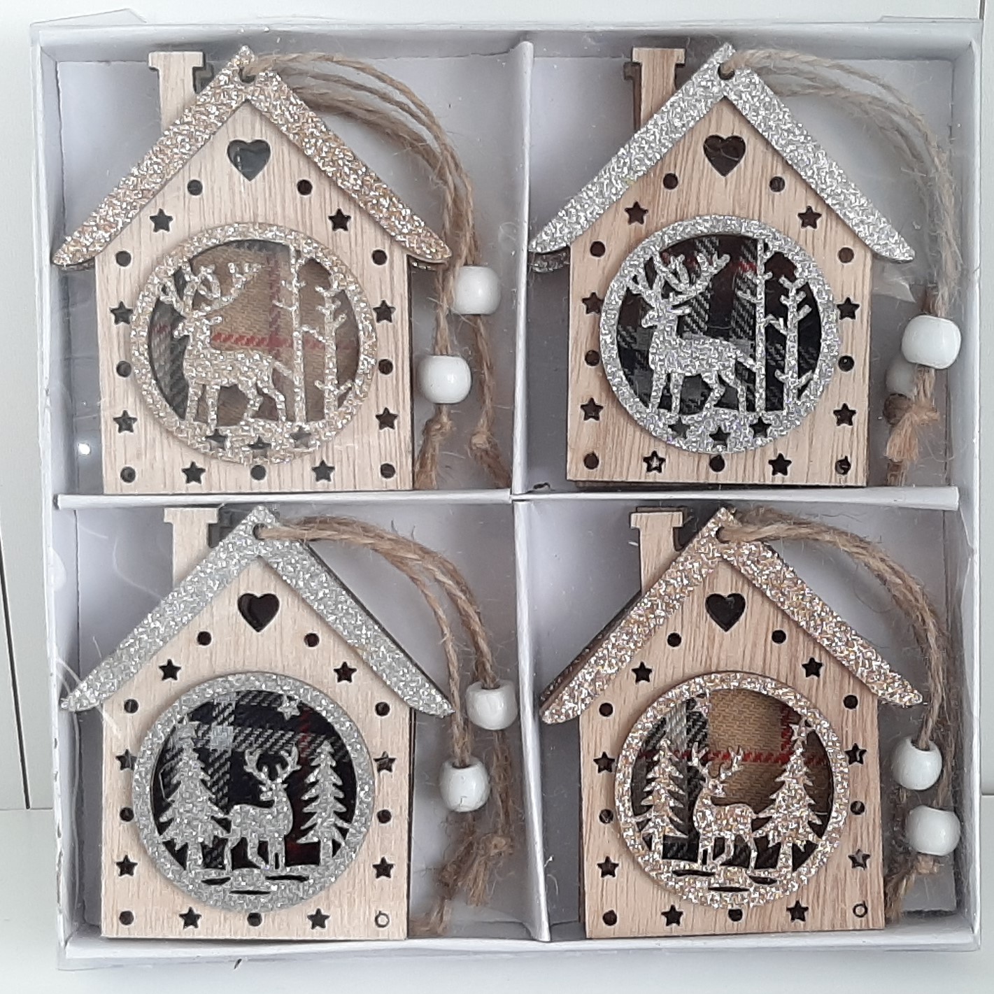 Kerstboomhangers huisjes set goudzilver glitters