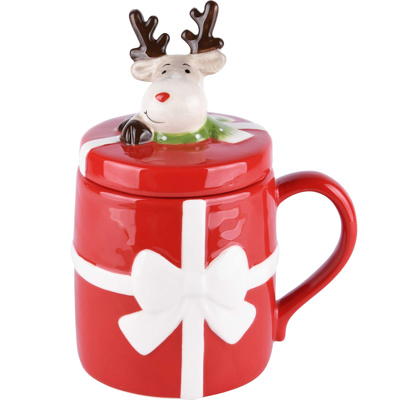 Kerstmok met Deksel – Rood met Witte Strik & Rudolph | Keramische Cadeaumok