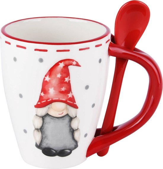 Kerstmok met Lepel – Witte Mok met Rode Details en Kerstkabouter