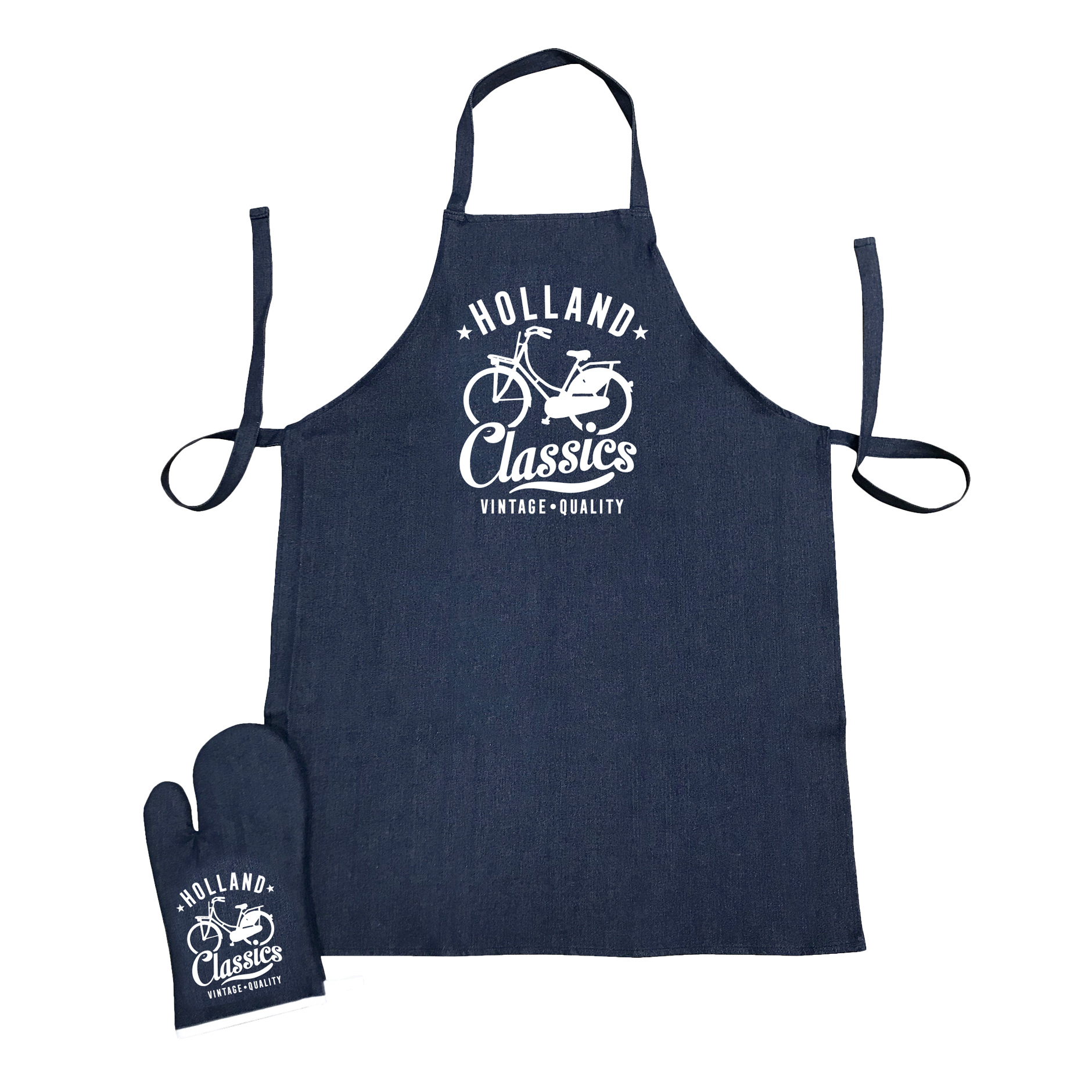 Keukenset Holland in denim blauw, schort met ovenwant