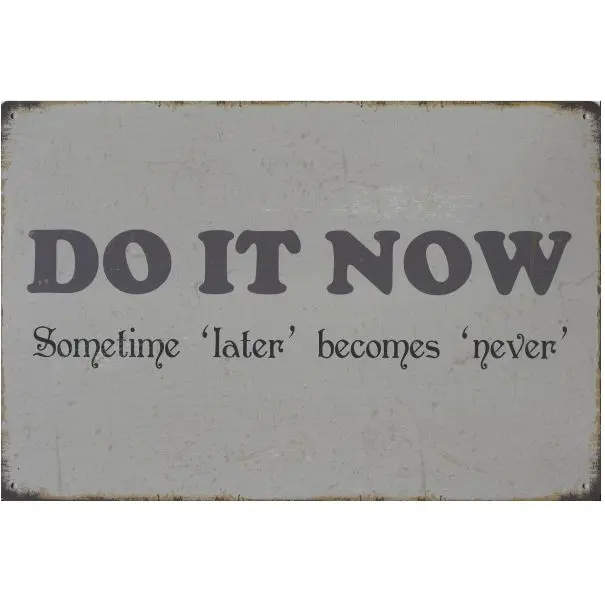 Metalen tekstbord Motiverende Quote "Do it now sometime 'later' becomes 'never'"