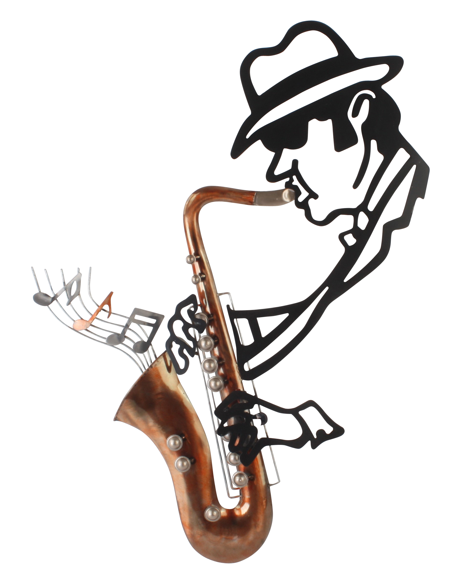 Metalen wandbord muzikant speelt saxofoon 100cm hoog