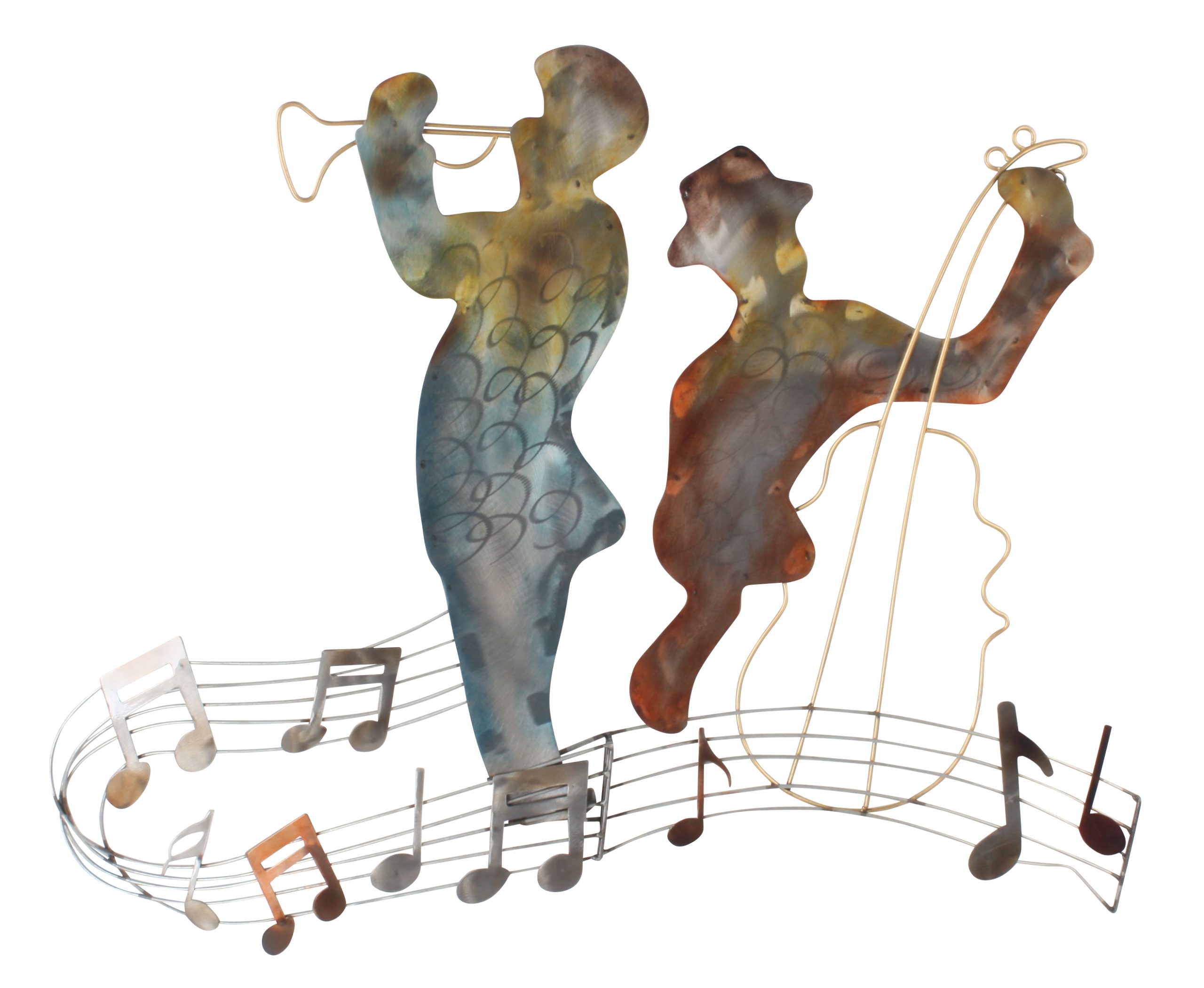 Metalen wandbord muzikanten trompettist en bassist