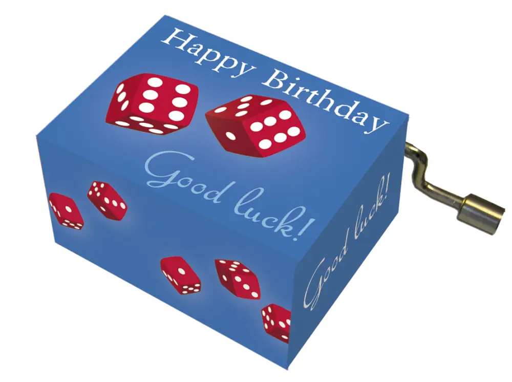 Muziekdoosje Good luck en dobbelstenen met melodie Happy Birthday