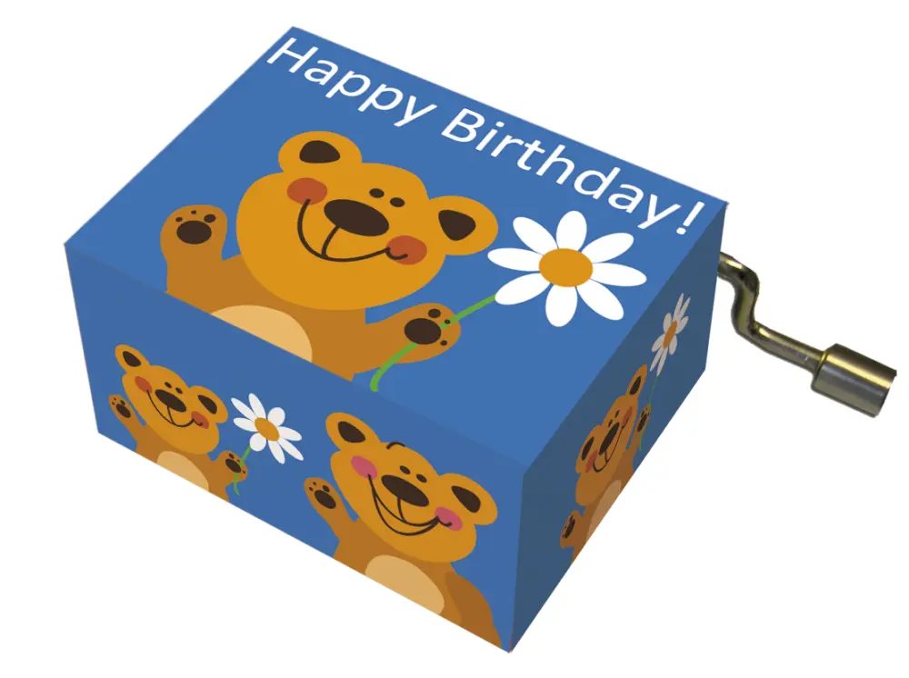 Muziekdoosje verjaardag blauw met beer en melodie Happy Birthday