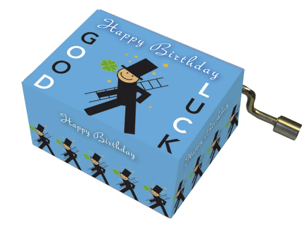 Muziekdoosje verjaardag blauw met GOOD LUCK en melodie Happy Birthday