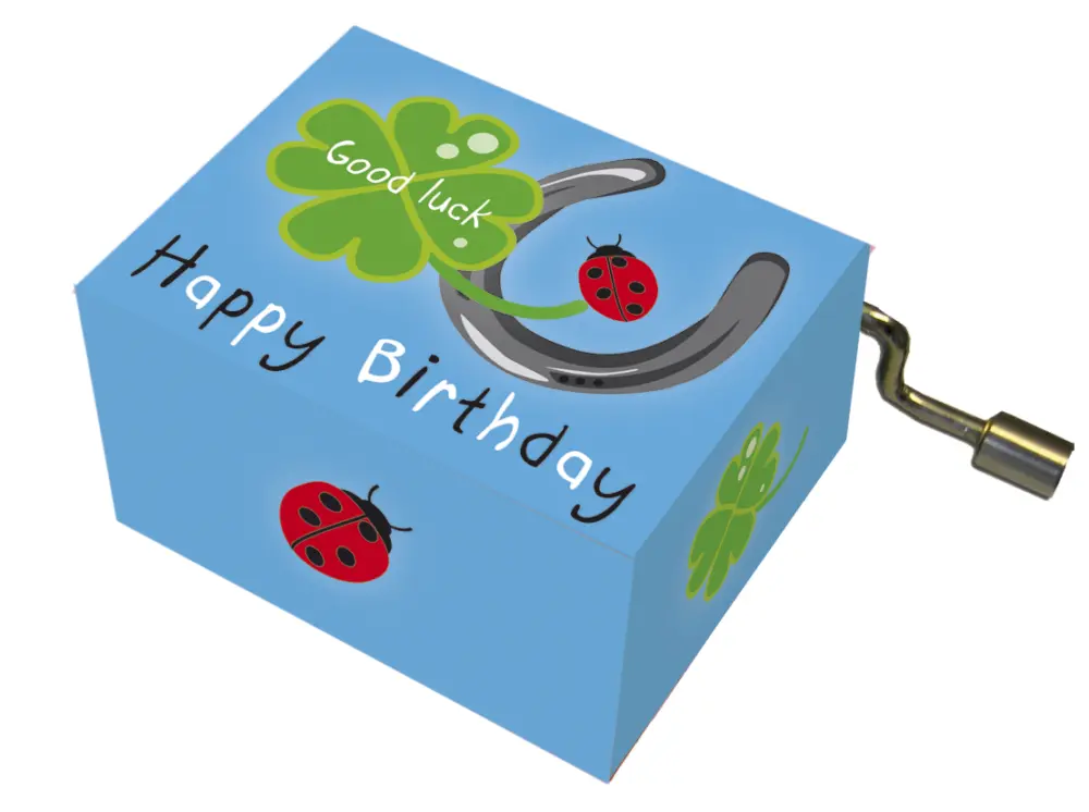 Muziekdoosje verjaardag geluksbrengers met melodie Happy Birthday