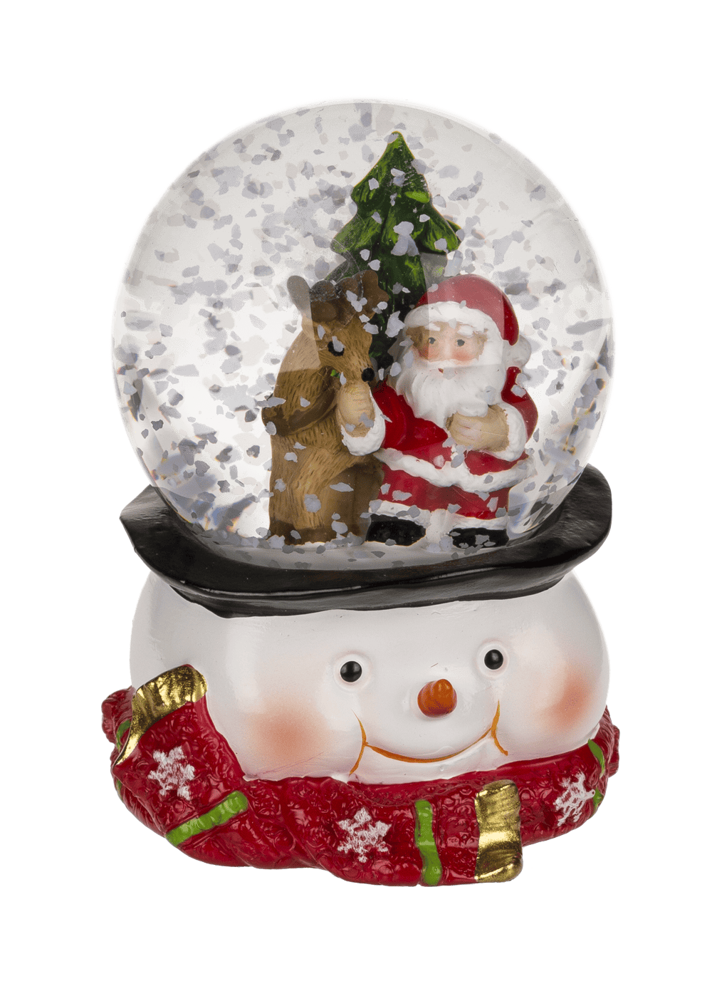 Sneeuwbol op hoed sneeuwman kerstman rechts met rendier
