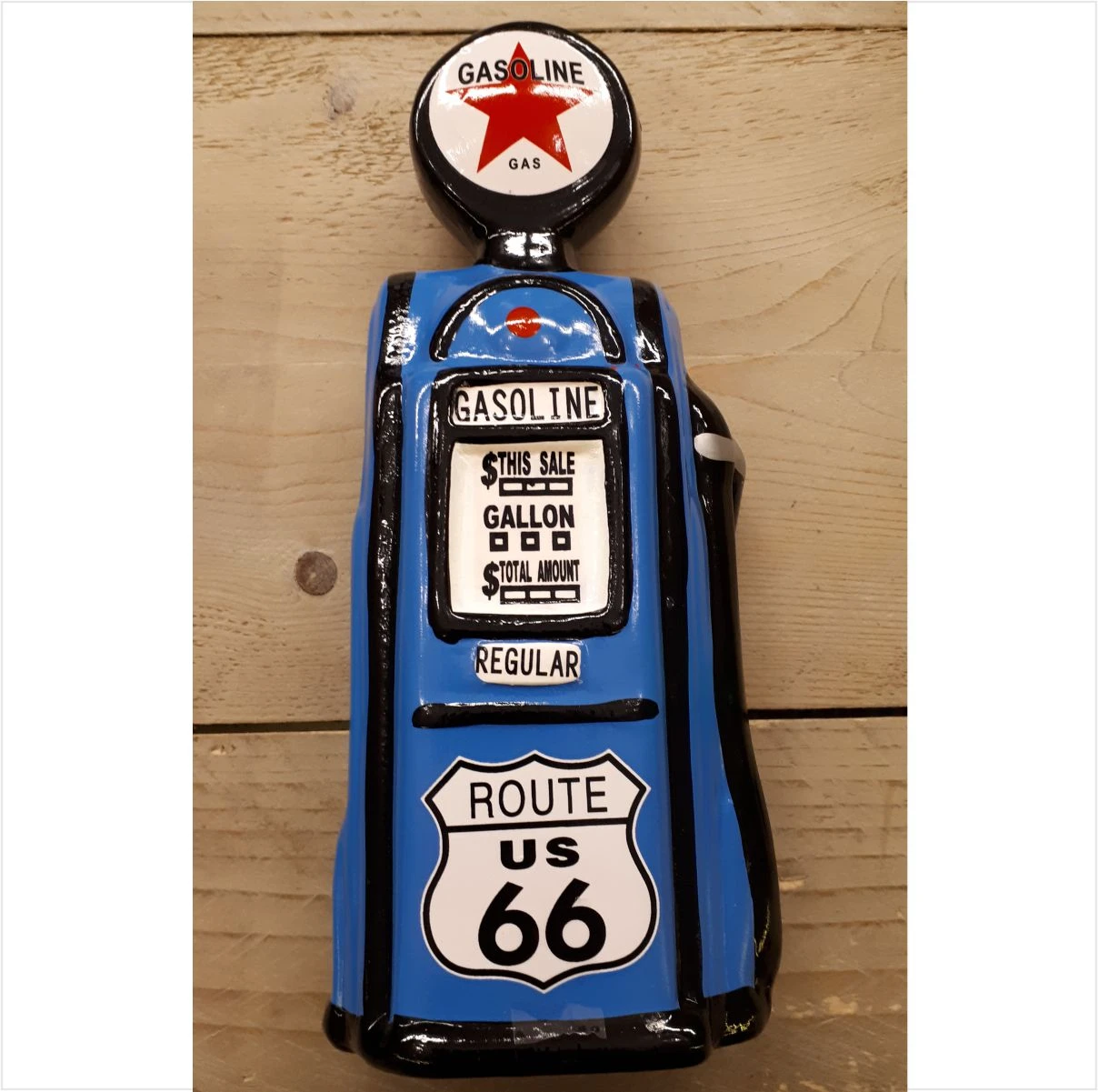 Spaarpot benzinepomp route 66 in blauw
