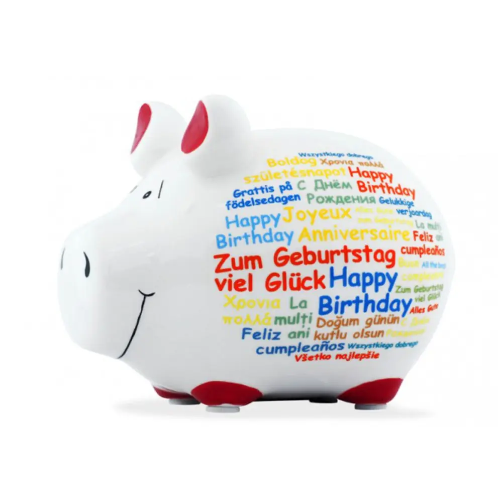 Spaarpot spaarvarken happy birthday in diverse talen