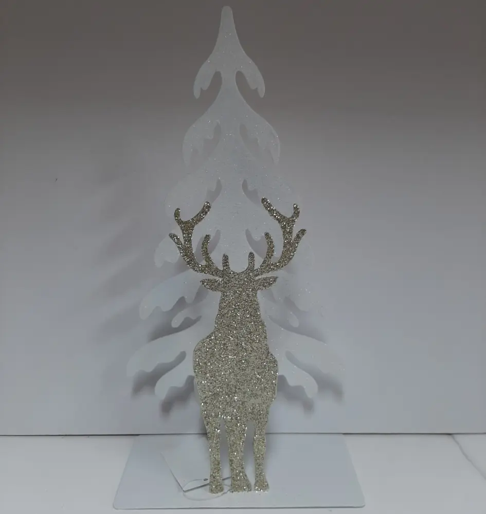 Theelichthouder kerst witte kerstboom met gouden staande rendier voor